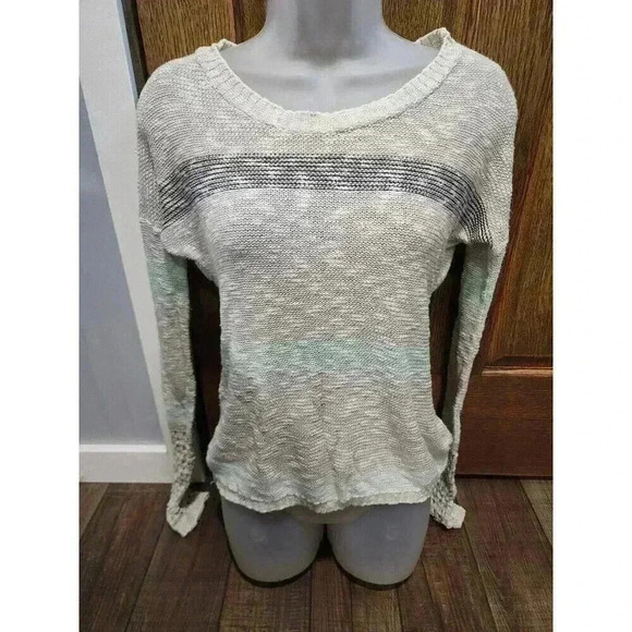 Maurices Small Striped Grey Mint Open Knit Long Sleeve Pullover Sweater - Picture 1 of 6